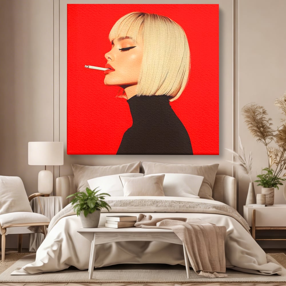 Tablou canvas cu ilustratie digitala cu femeie blonda fumand, fara rama, pe sasiu de lemn, pe perete intr-un dormitor